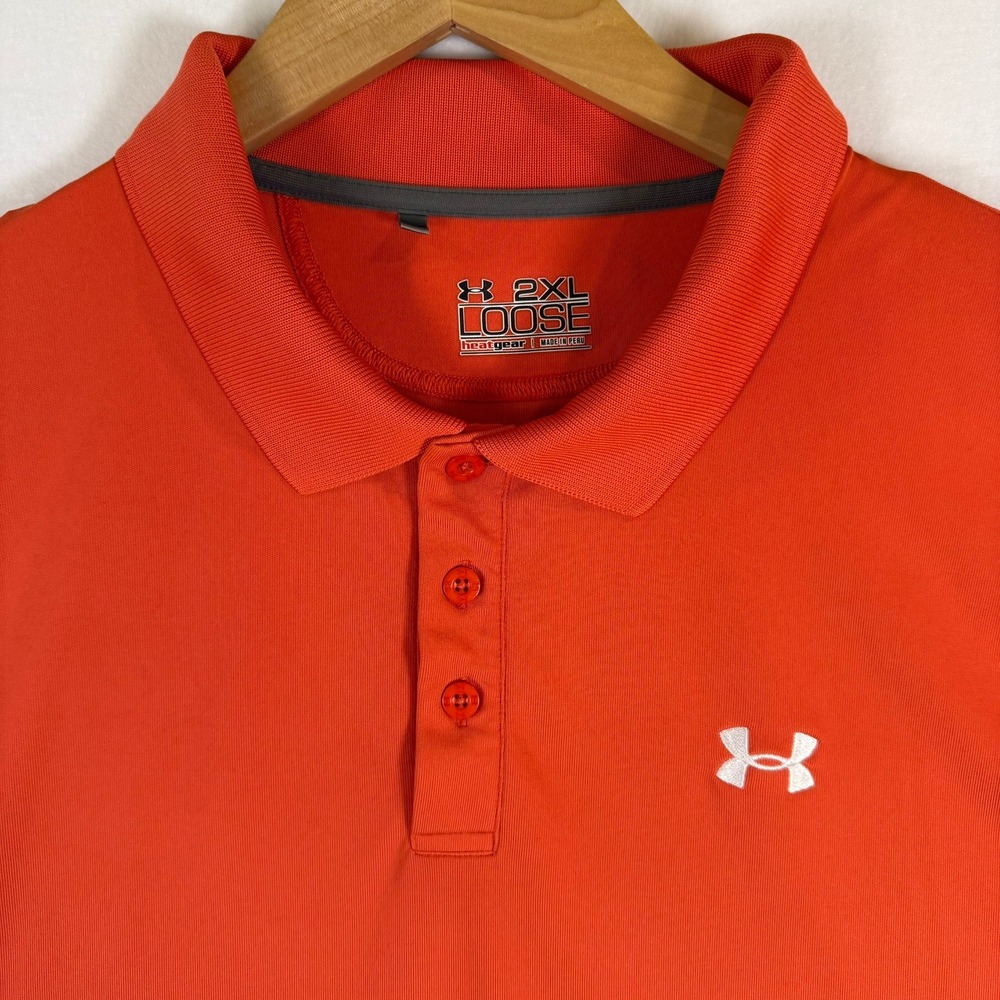 Under Armour Mens 2XL Loose HeatGear Polo Shirt Orange Short Sleeve Performance